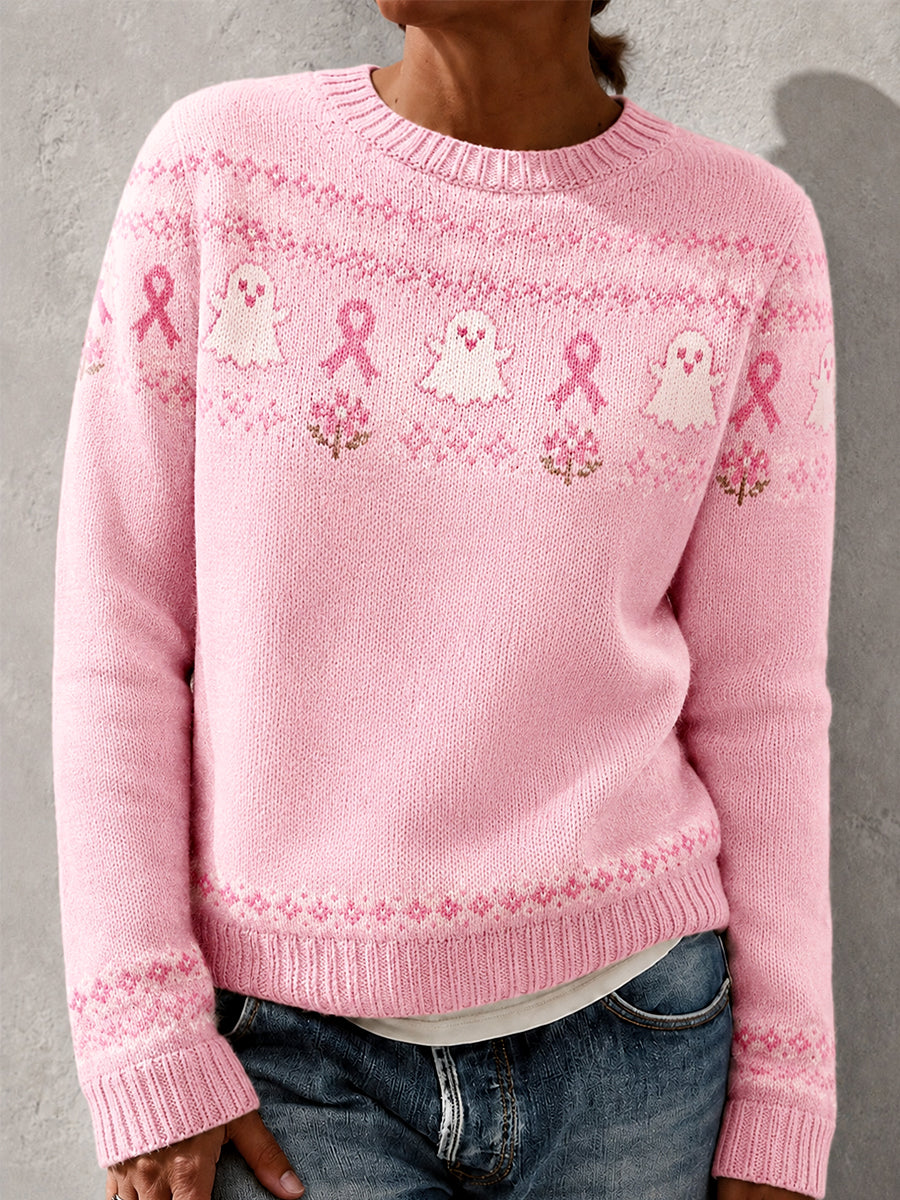 Damsweater i rosa med blommönstrad spökmotiv – stöd för bröstcancermedvetenhet