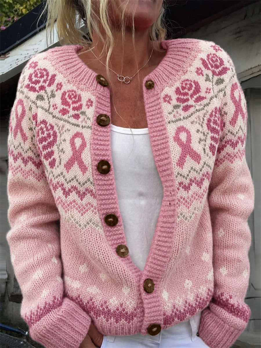 Kvinnlig vintage rosa rosor bröstcancerband Isle-mönstertryckt kofta