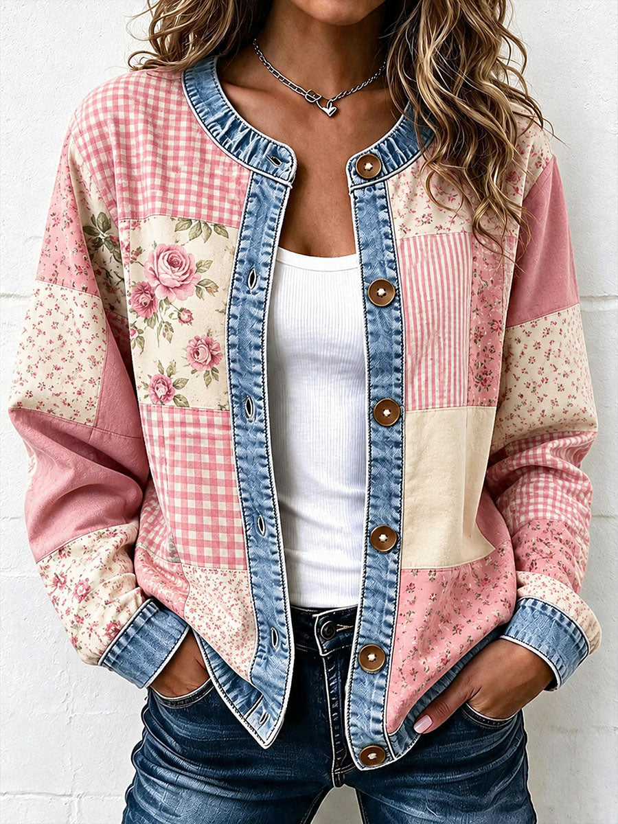 Damstiligt broderat konstcardigan i patchwork-stil