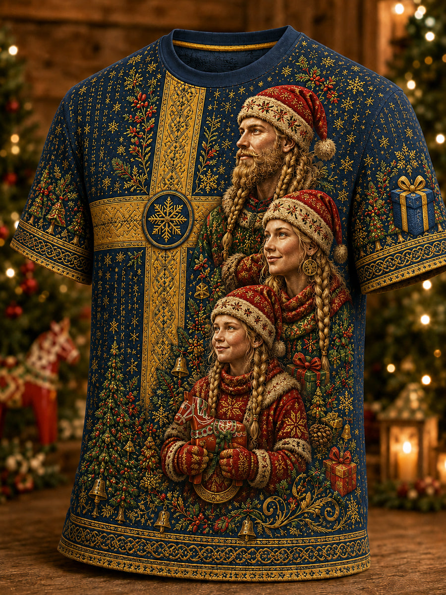 Herrlig jultröja i svensk stil med tryckt mönster, vintagemode, löst sittande och kort ärm