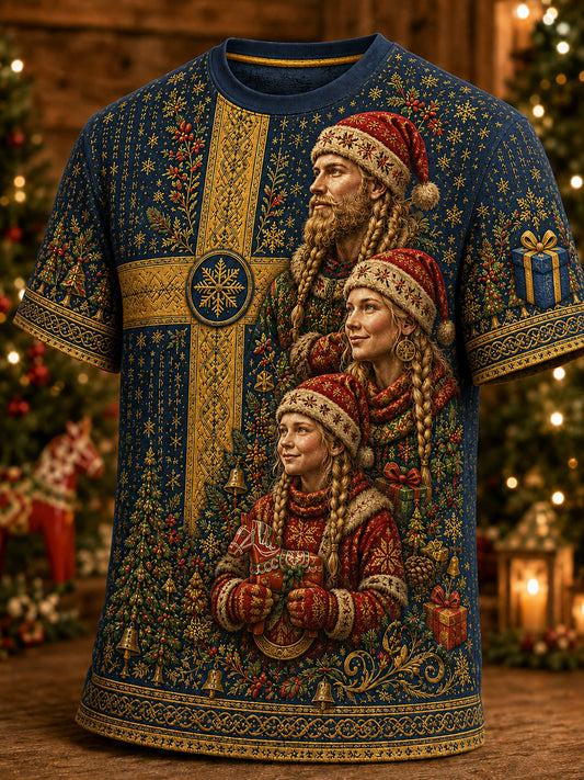 Herrlig jultröja i svensk stil med tryckt mönster, vintagemode, löst sittande och kort ärm