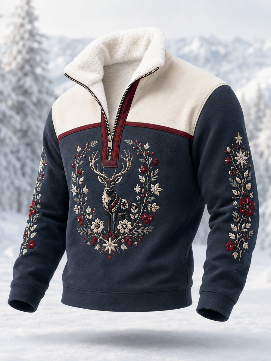 Herrpullover i plysch med nordisk renmotiv och dragkedja