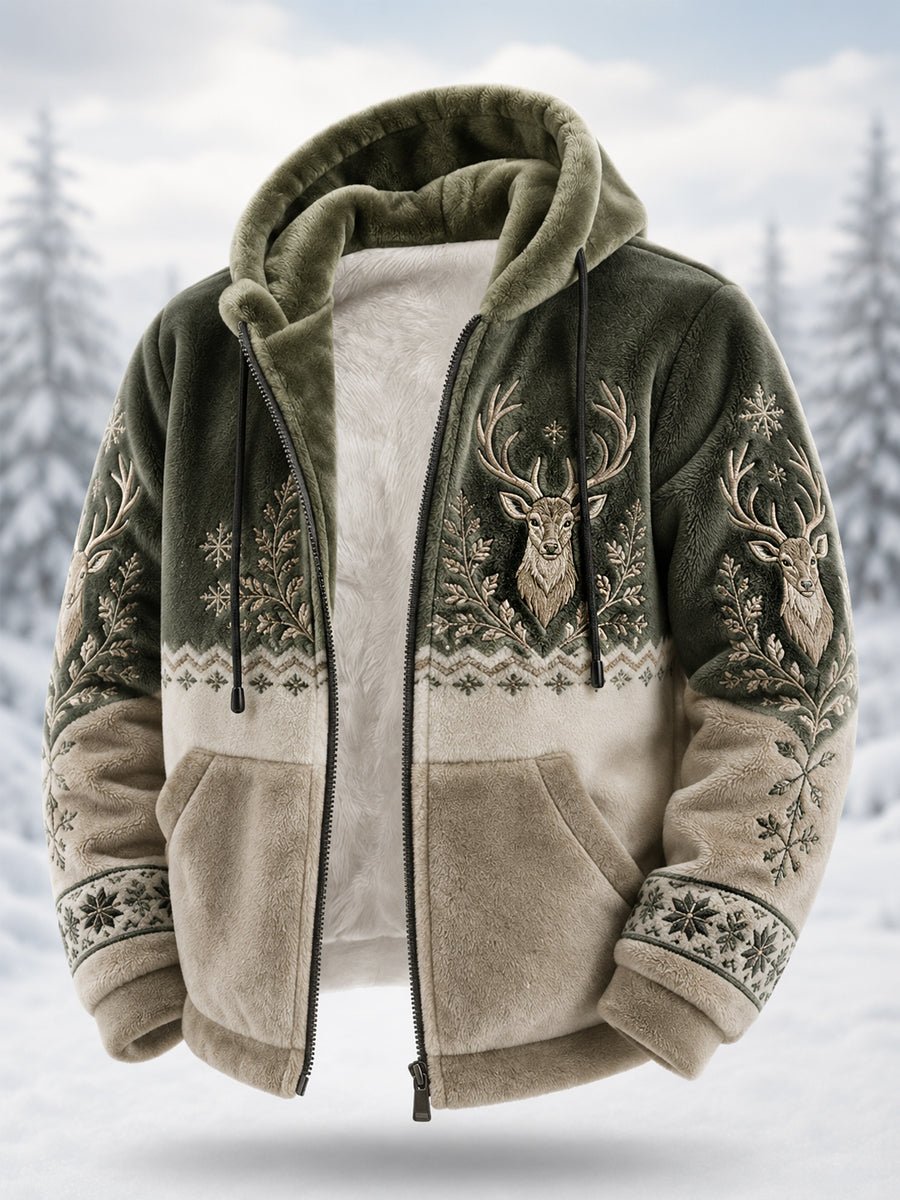 Herrkappa i nordisk stil med renmotiv, plysch, dragkedja och huva