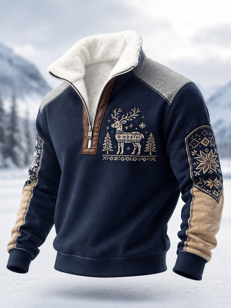 Herrpullover i nordisk stil med renar, plysch och dragkedja