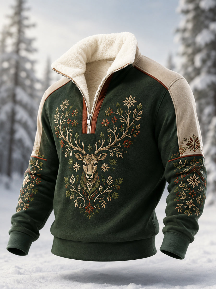 Herrpullover i nordisk stil med renar, plysch och dragkedja