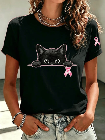 T-shirt med korta ärmar och tryck för högtid mot bröstcancer hos kvinnor