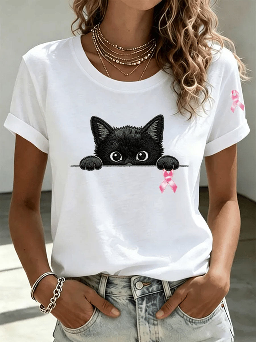 T-shirt med korta ärmar och tryck för högtid mot bröstcancer hos kvinnor