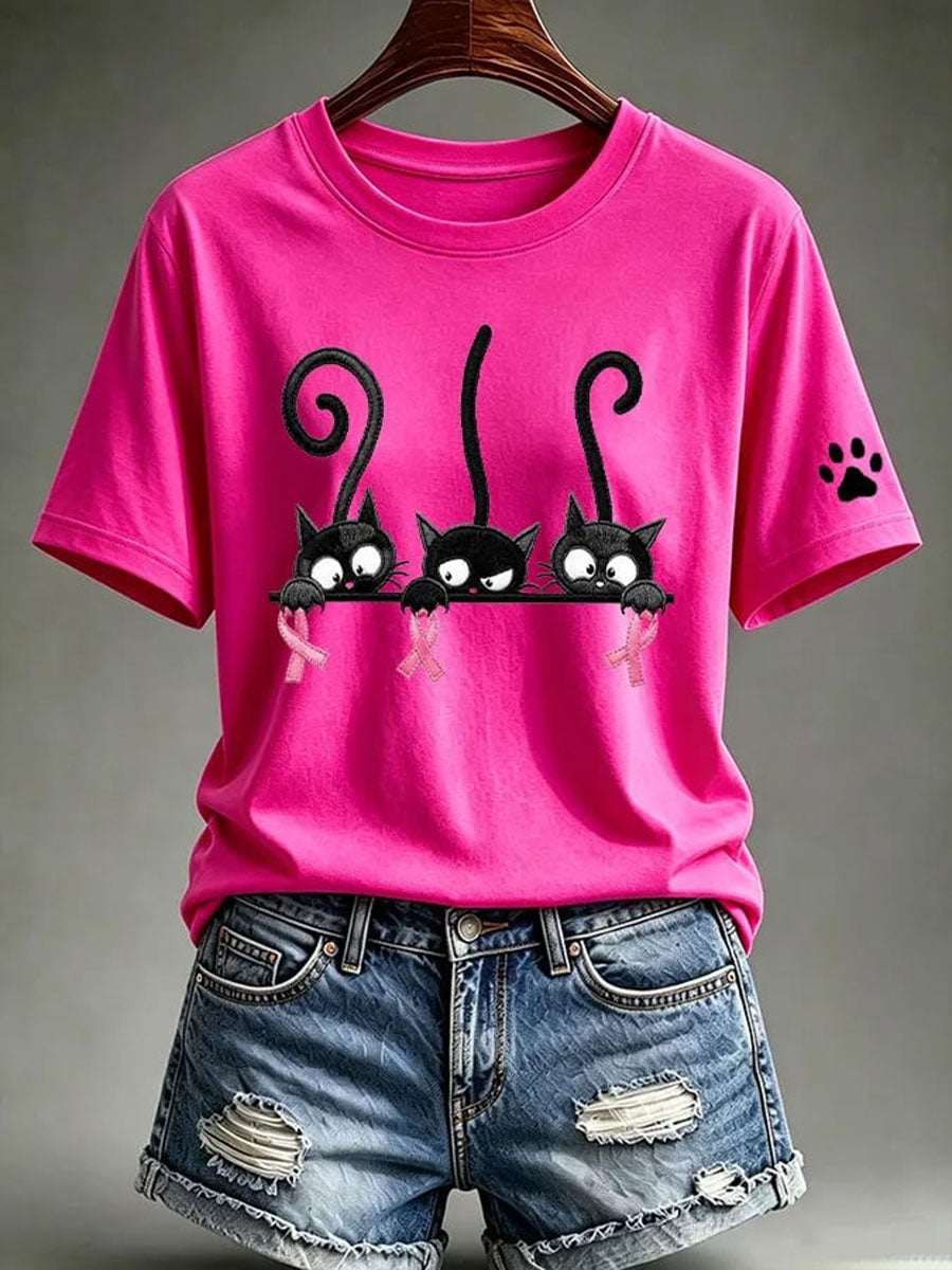 T-shirt med korta ärmar och tryck för högtid mot bröstcancer hos kvinnor