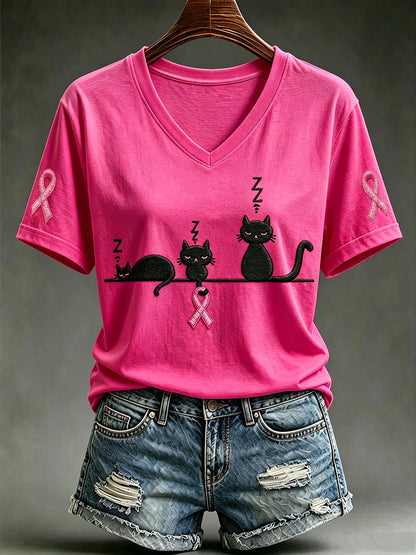 T-shirt med korta ärmar och tryck för högtid mot bröstcancer hos kvinnor