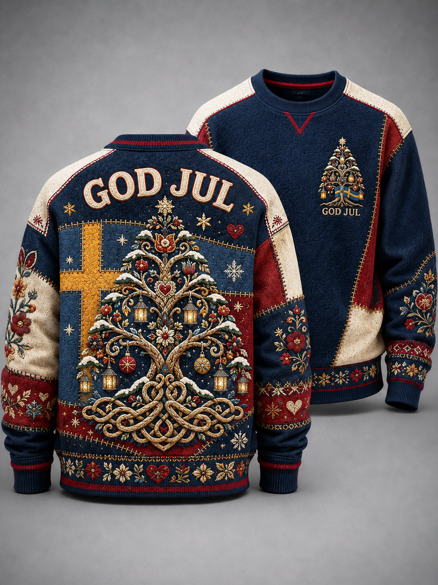 Herrtröja med svensk julprint, rund hals och lång ärm