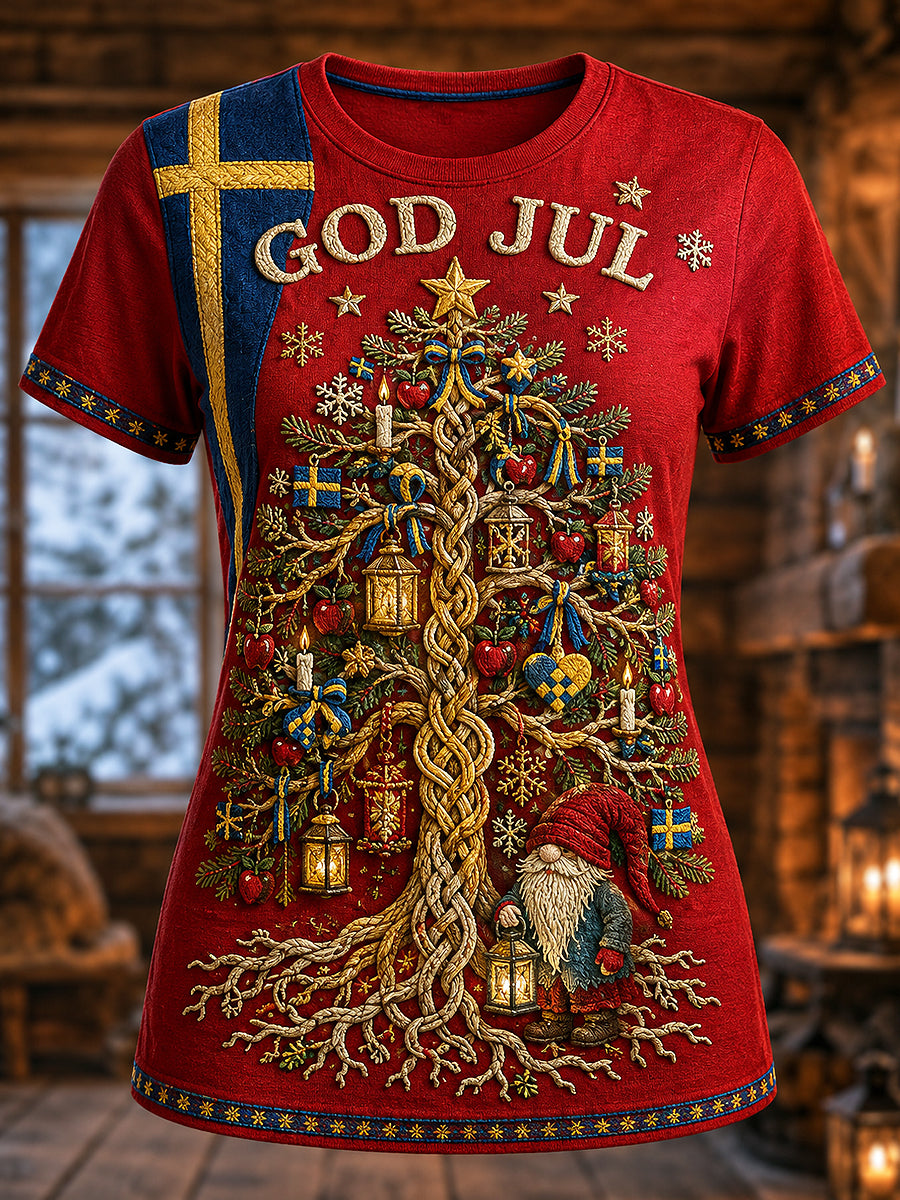 Kvinnors svenska jul Tryckt Vintage Fashion Loose Short Slem T-shirt