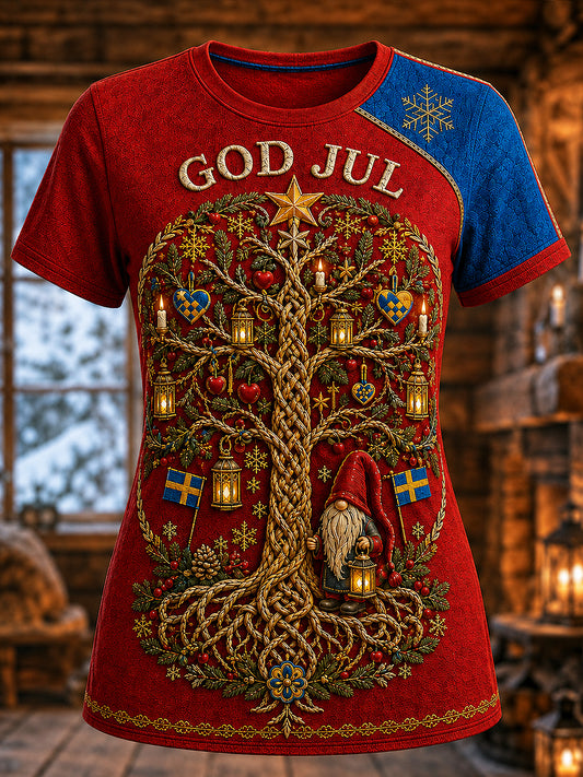 Damernas svenska jultryckta vintage-mode lös t-shirt med kort ärm