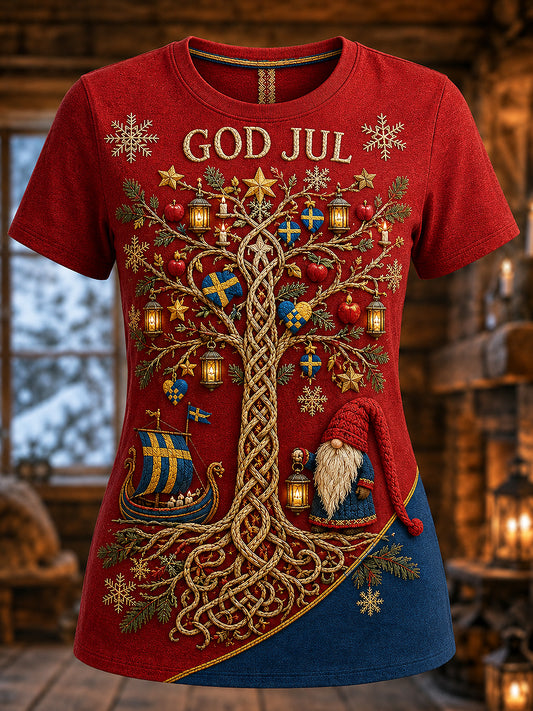 Damernas svenska jultryckta vintage-mode lös t-shirt med kort ärm