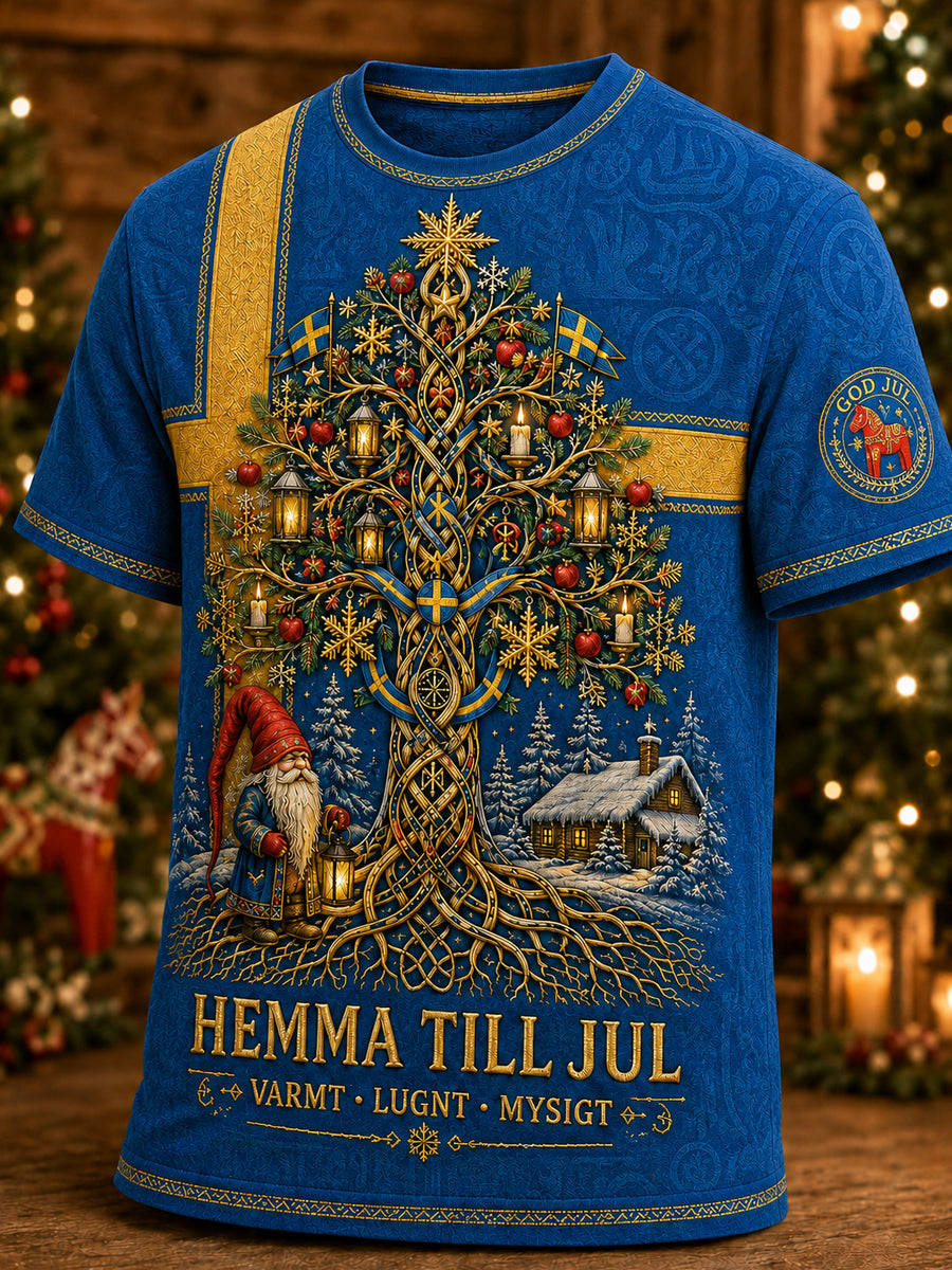 Herrlig jultröja i svensk stil med tryckt mönster, vintagemode, löst sittande och kort ärm