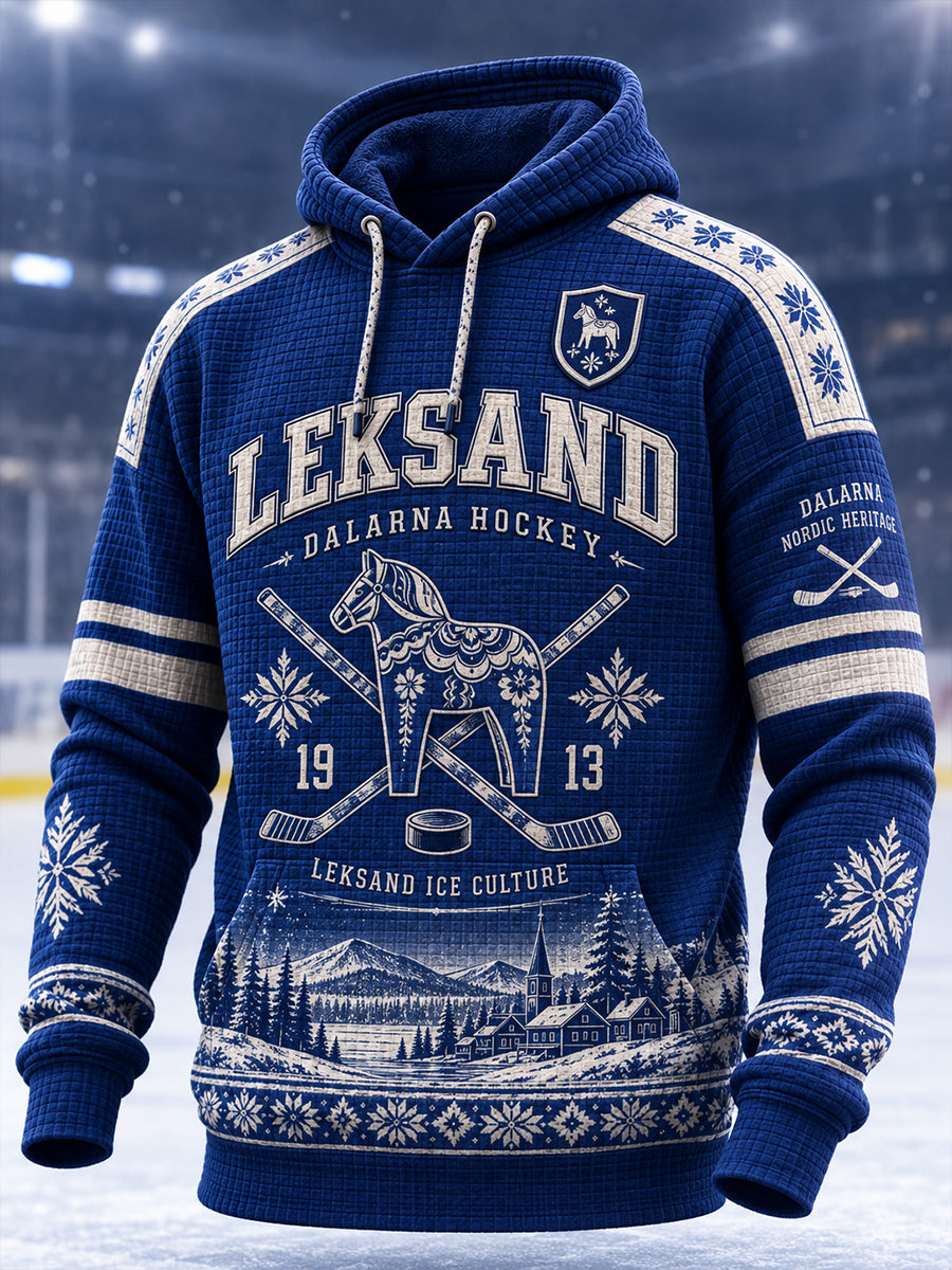 Herrlig tröja i svensk ishockeystil från Leksands IF – löst sittande huvtröja med avsatt axel och fickor för älskare av sporten