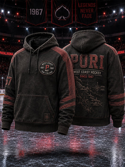 Miesten retro Porin Ässät -suomihokkifani pitkähihainen huppari