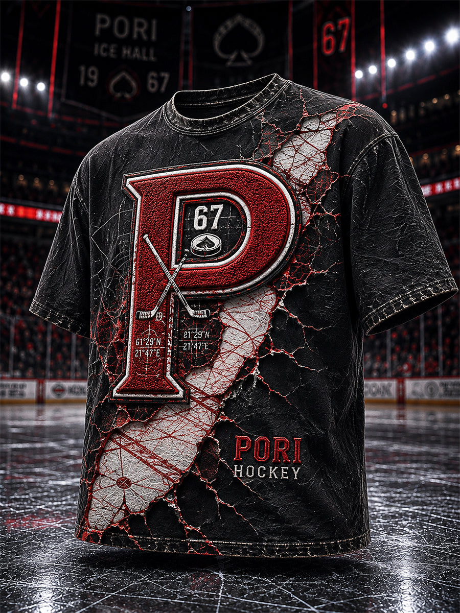 Miesten retro Porin Ässät -suomihokkifani pitkähihmainen t-paita