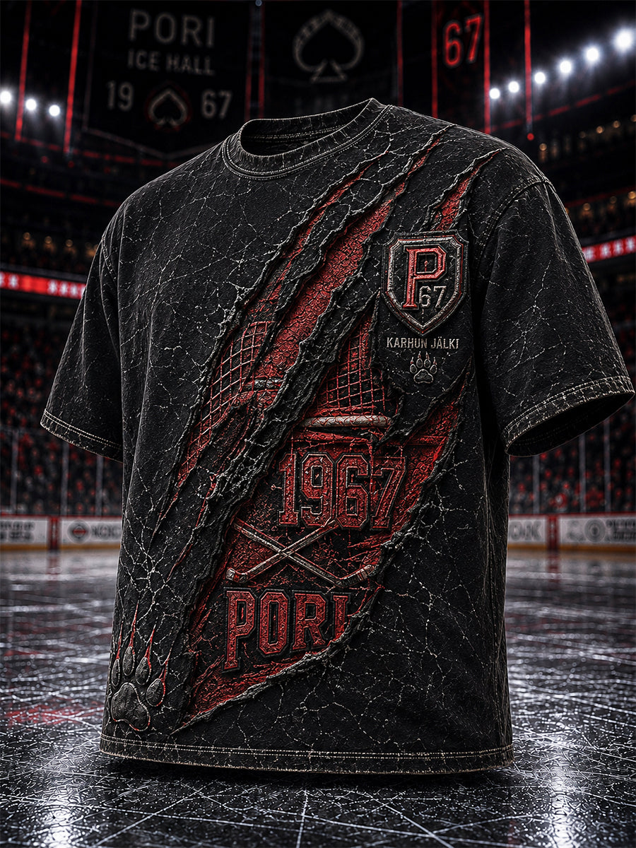Miesten retro Porin Ässät -suomihokkifani pitkähihmainen t-paita