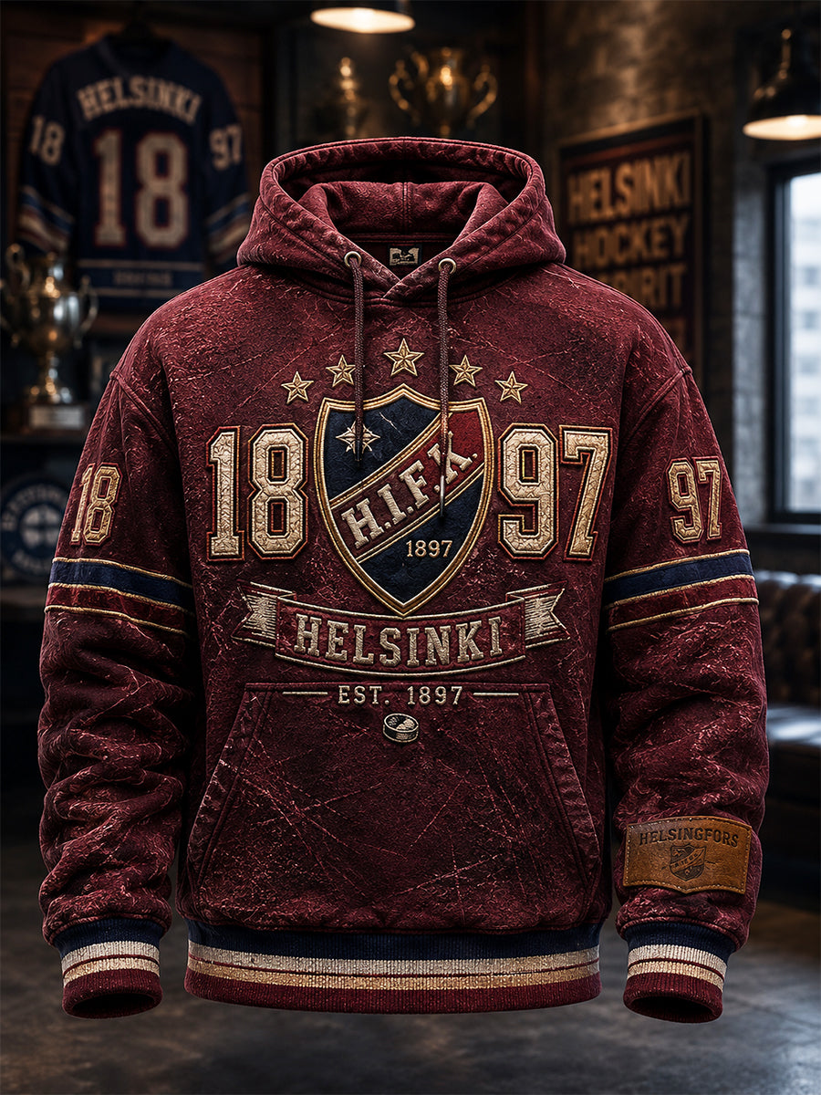 Miesten retro HIFK Suomi-kiekko pitkähihainen huppari