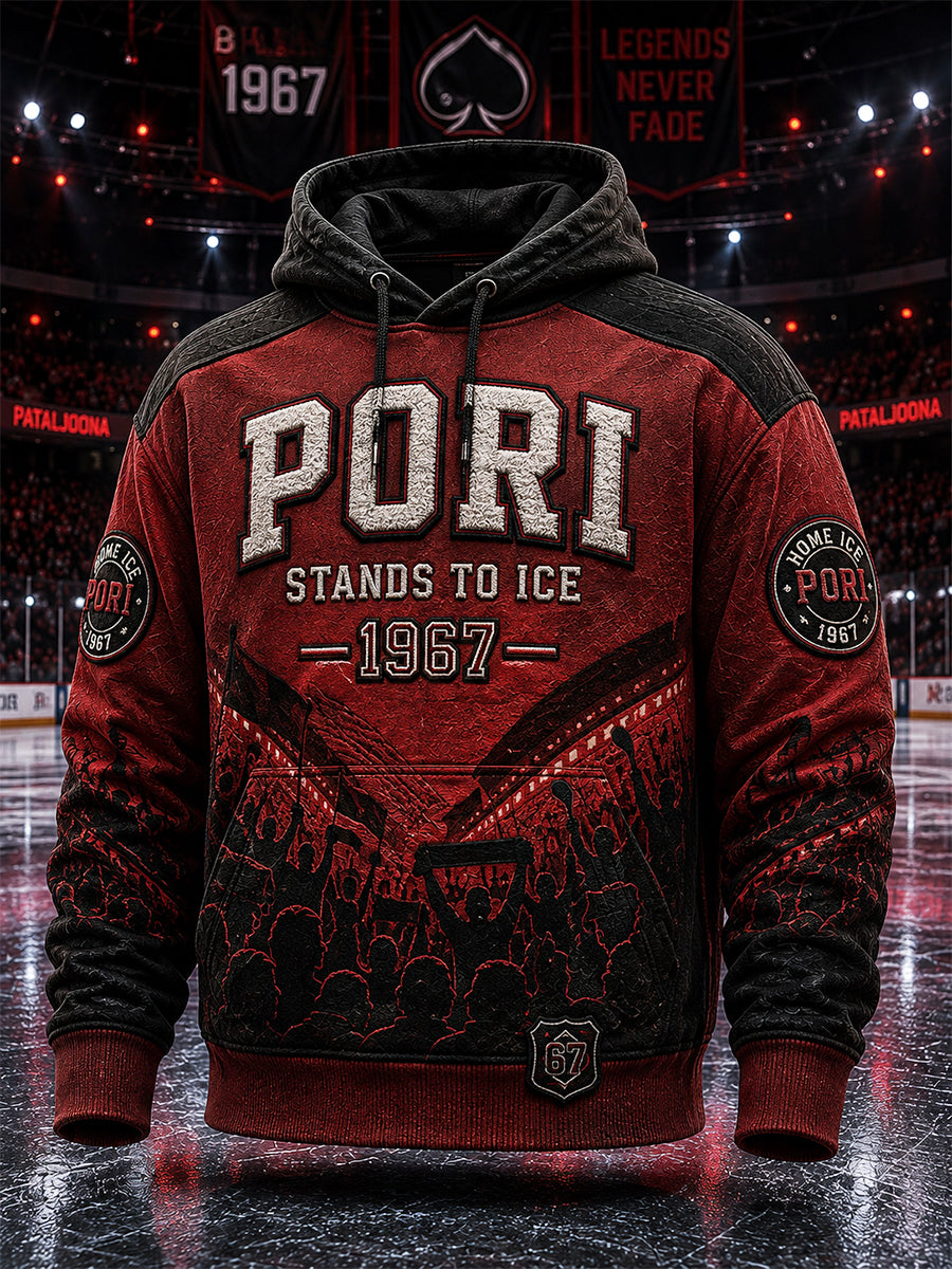 Miesten retro Porin Ässät -suomihokkifani pitkähihainen huppari