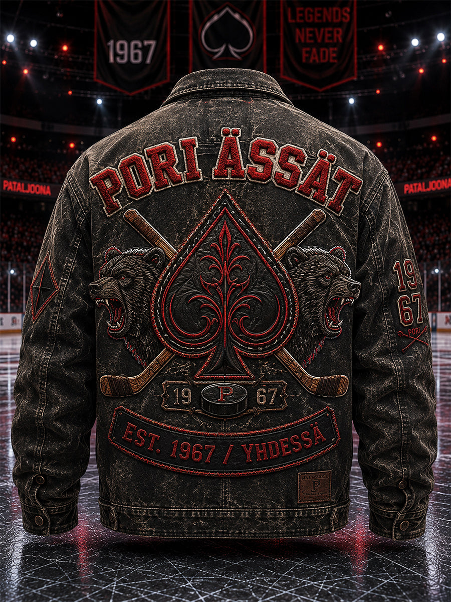 Miesten retro Porin Ässät -jääkiekkofanin pitkähihainen takki