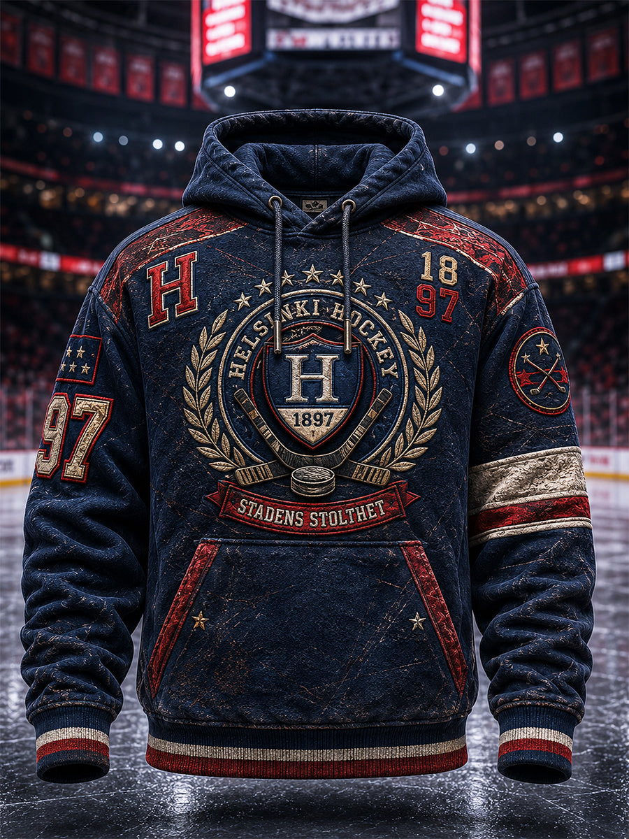 Miesten retro HIFK Suomi-kiekko pitkähihainen huppari