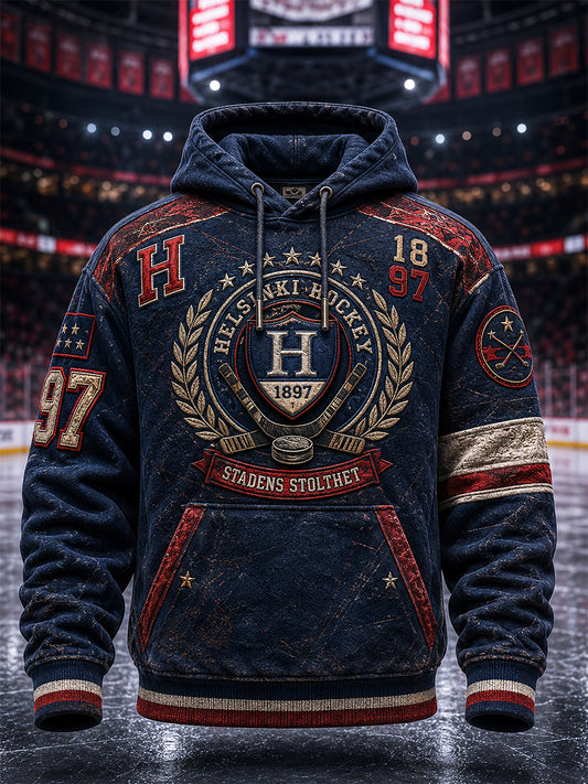 Miesten retro HIFK Suomi-kiekko pitkähihainen huppari
