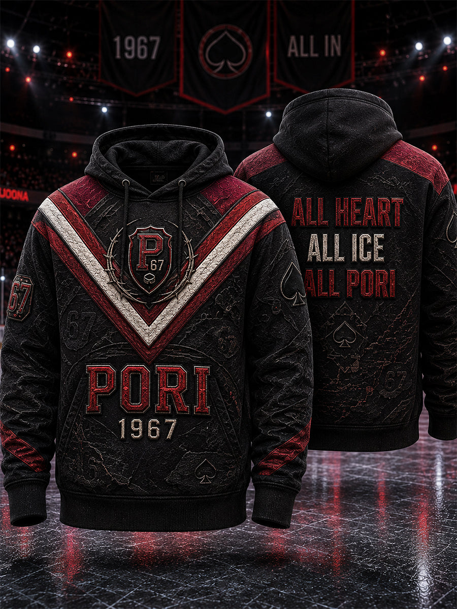 Miesten retro Porin Ässät -suomihokkifani pitkähihainen huppari