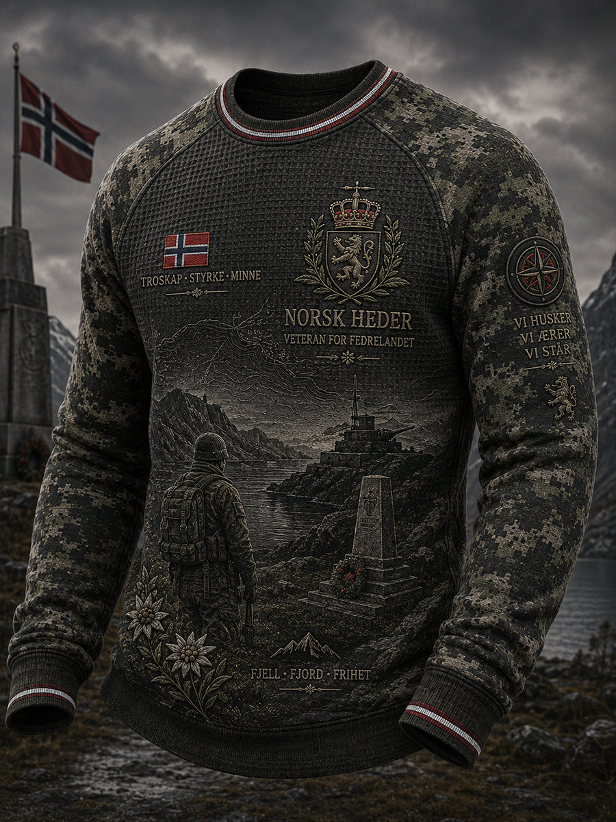 Menns vintage militærintspiret camo-printet vaffelstrikket raglanlangertet topp