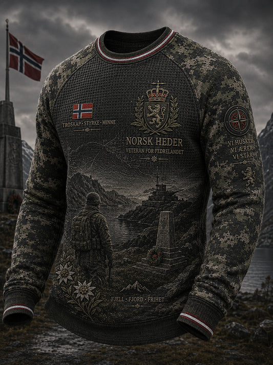 Menns vintage militærintspiret camo-printet vaffelstrikket raglanlangertet topp