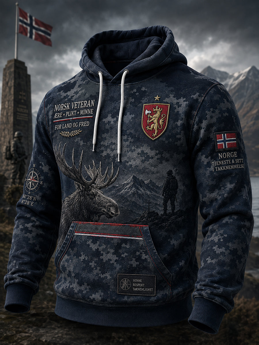Menneliggend vintage militærintspiret camouflagetrykk langhåret hettegenser