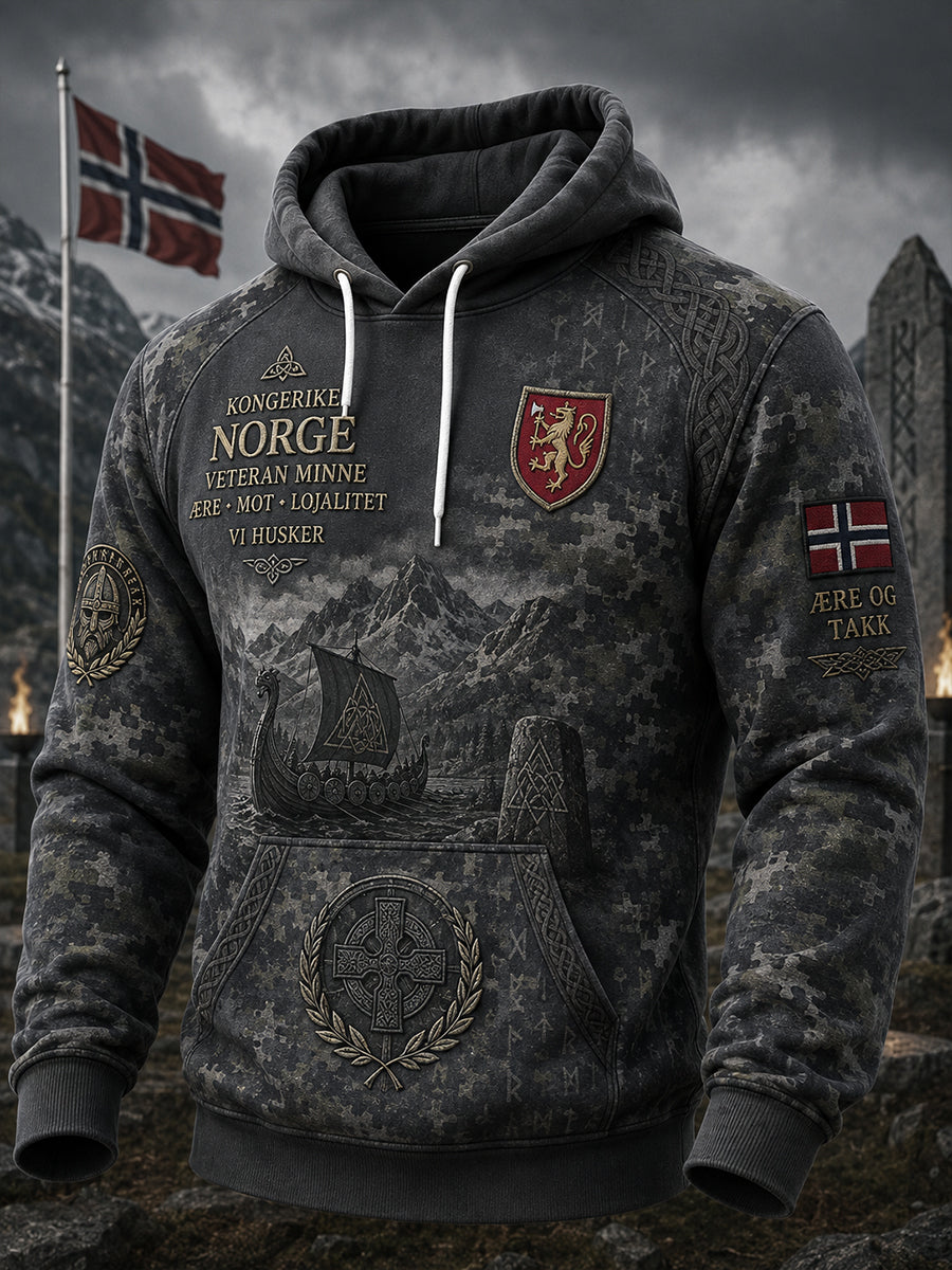 Menneliggend vintage militærintspiret camouflagetrykk langhåret hettegenser