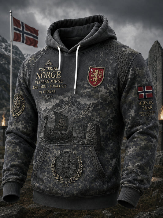 Menneliggend vintage militærintspiret camouflagetrykk langhåret hettegenser
