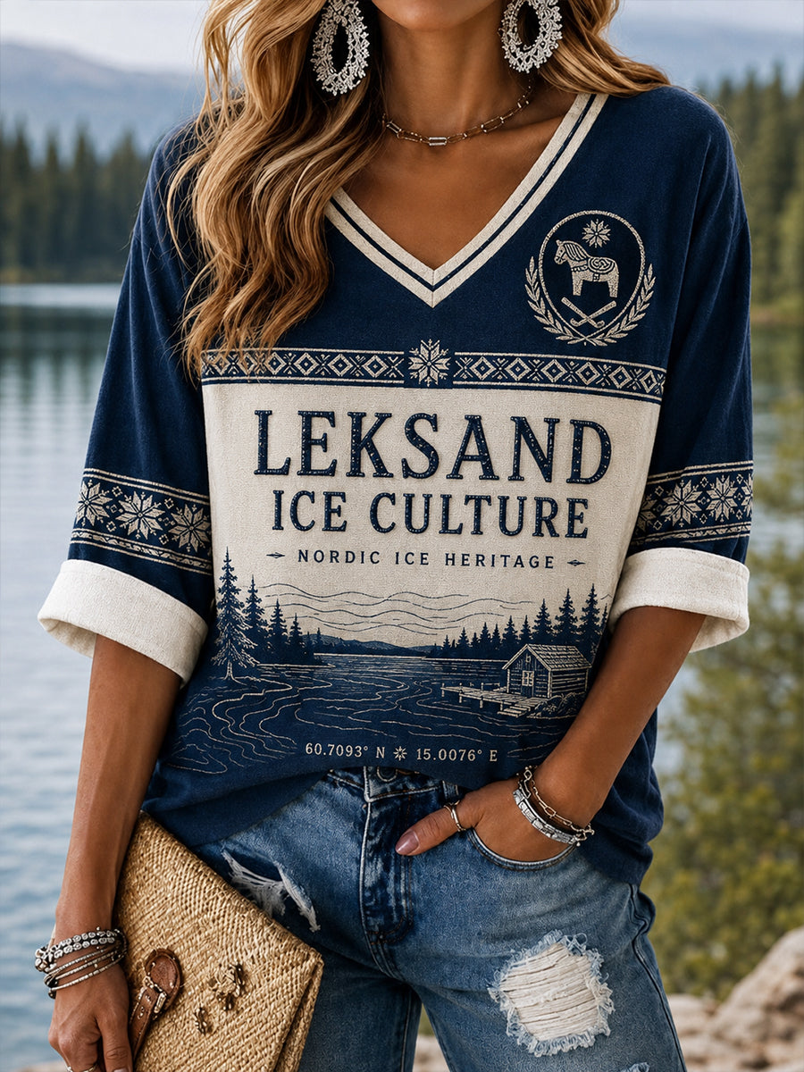 Damer Svenskt Ishockey Leksands IF Fans Kärleksmönstrad Linne V-ringad Tröja