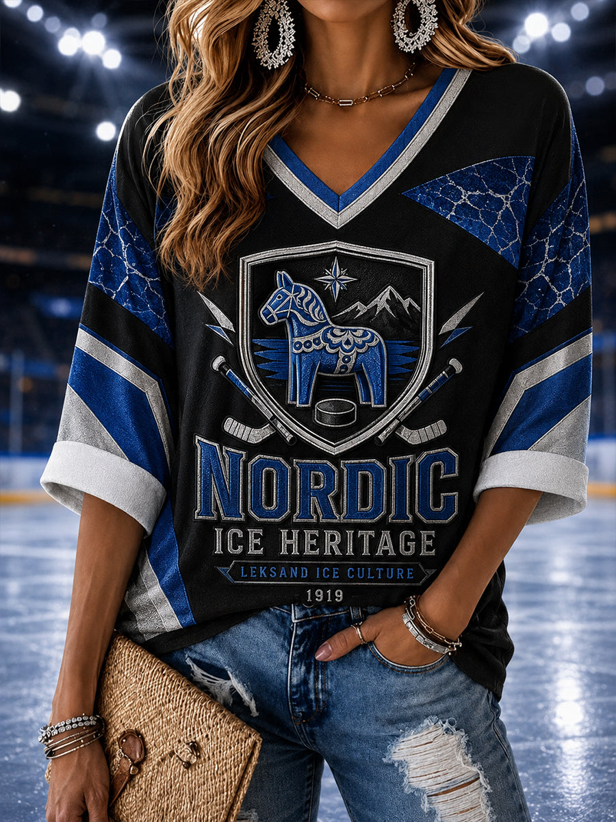 Damer Svenskt Ishockey Leksands IF Fans Kärleksmönstrad Linne V-ringad Tröja