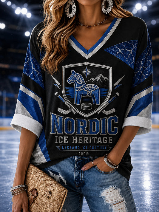 Damer Svenskt Ishockey Leksands IF Fans Kärleksmönstrad Linne V-ringad Tröja