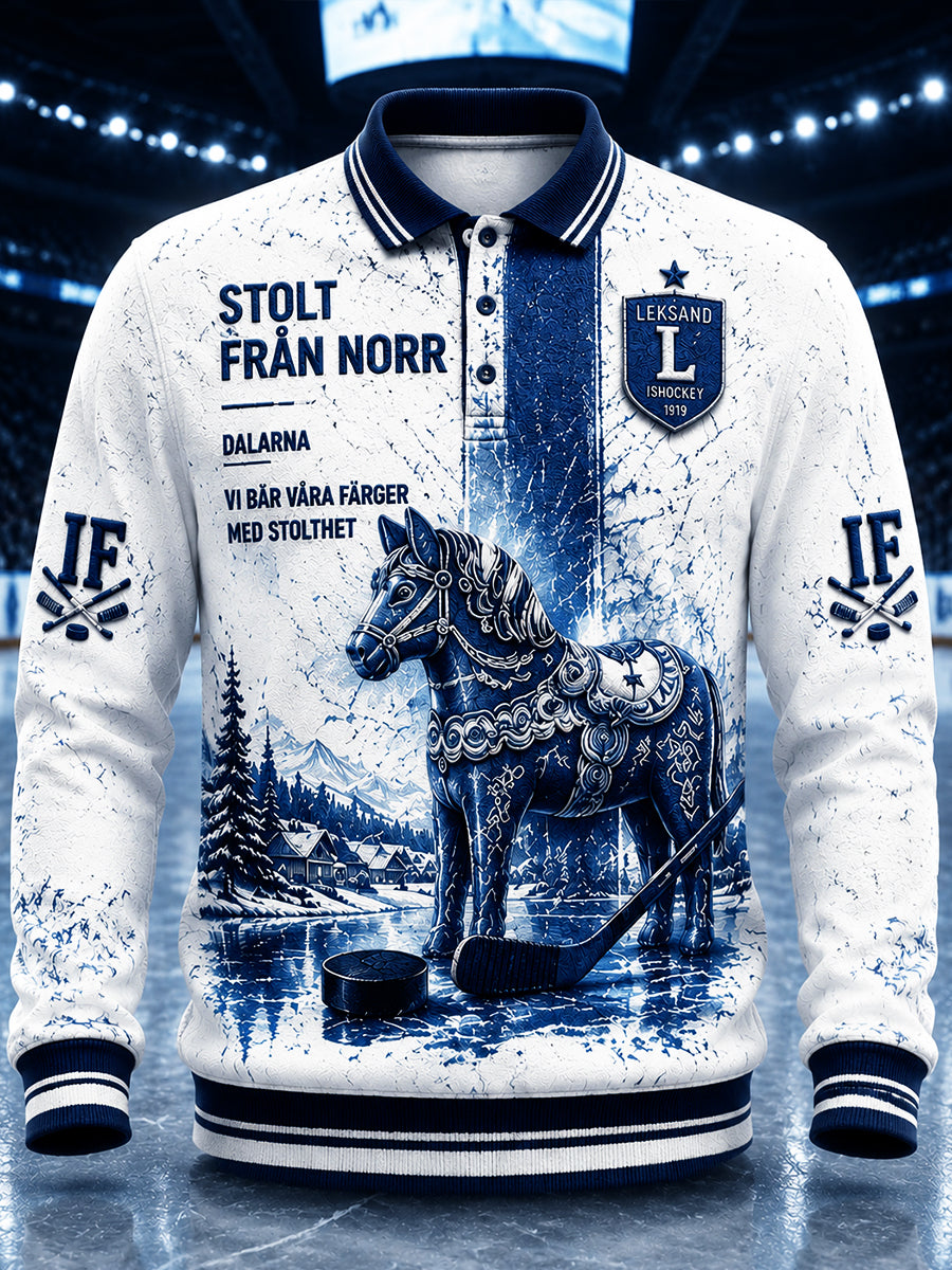 Mäns svenska hockey Leksands IF Tryckt Casual Långärmad Polo-tröja