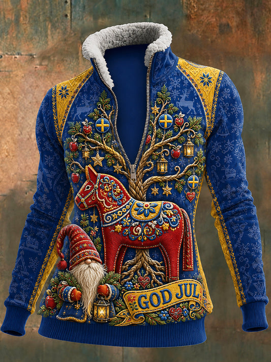 Damsweater med svensk julprint, dragkedja, lammull och lång ärm