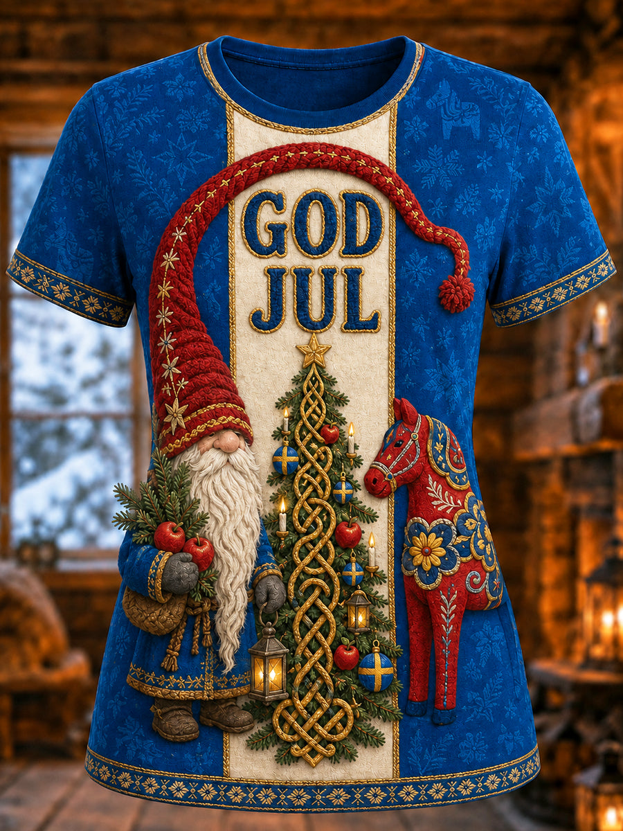 Damernas svenska jultryckta vintage-mode lös t-shirt med kort ärm