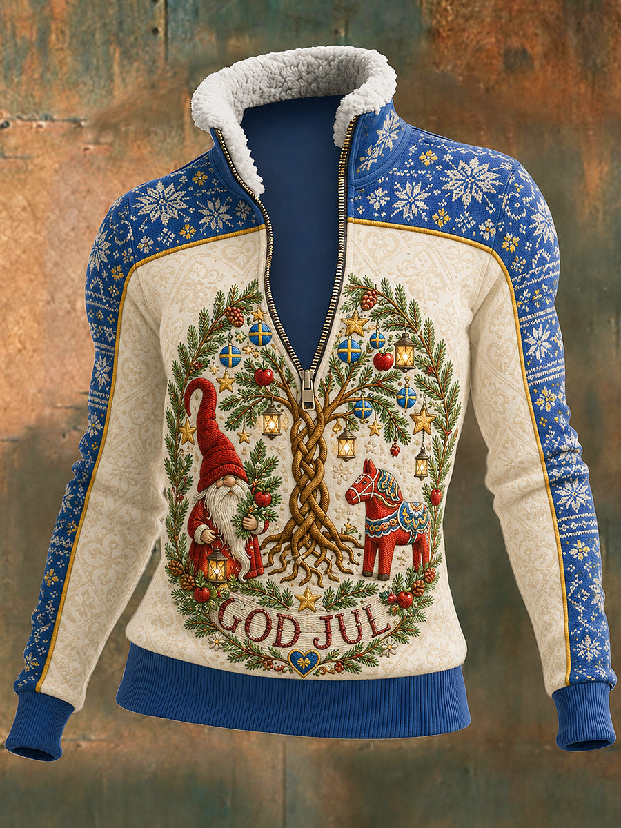 Damsweater med svensk julprint, dragkedja, lammull och lång ärm