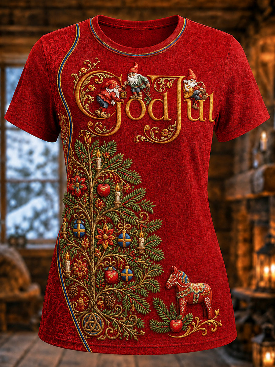 Damernas svenska jultryckta vintage-mode lös t-shirt med kort ärm