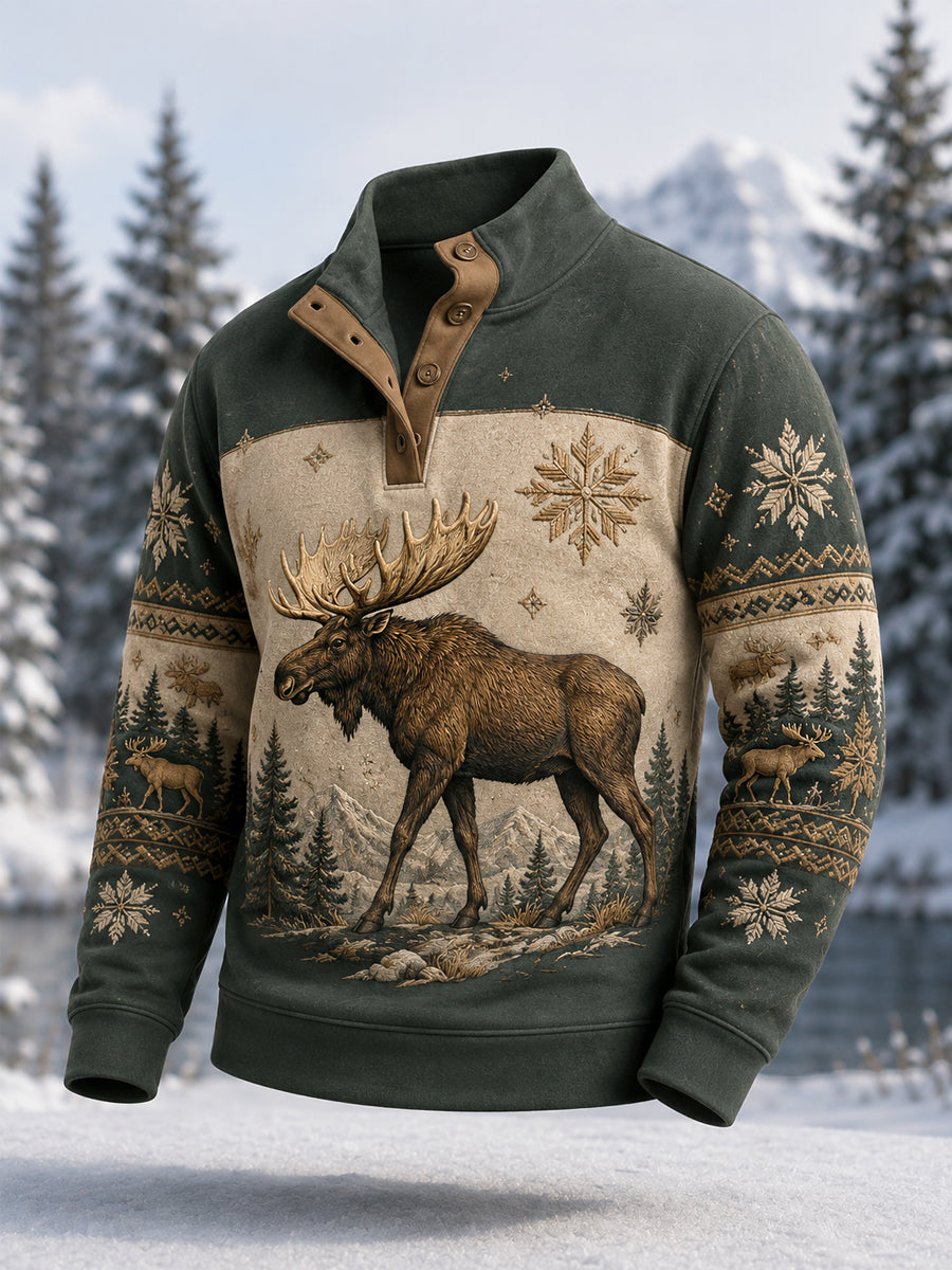 Herrpullover för vintern med älgmönster, vardaglig modell med knappar