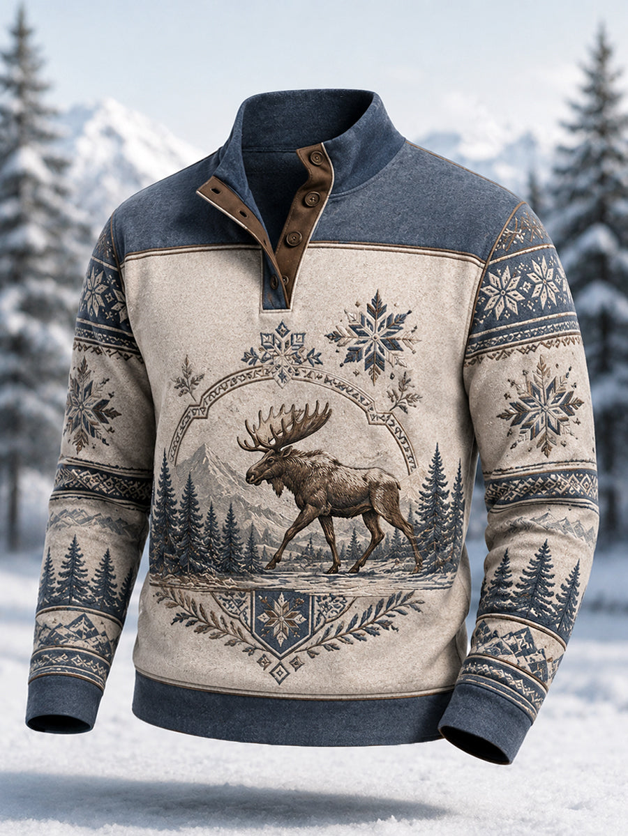 Herrpullover för vintern med älgmönster, vardaglig modell med knappar