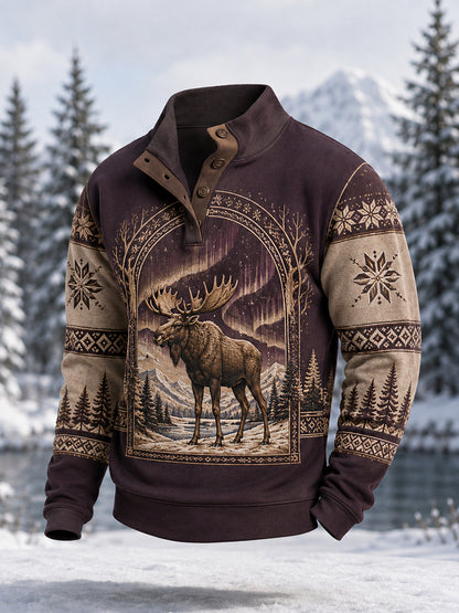 Herrpullover för vintern med älgmönster, vardaglig modell med knappar