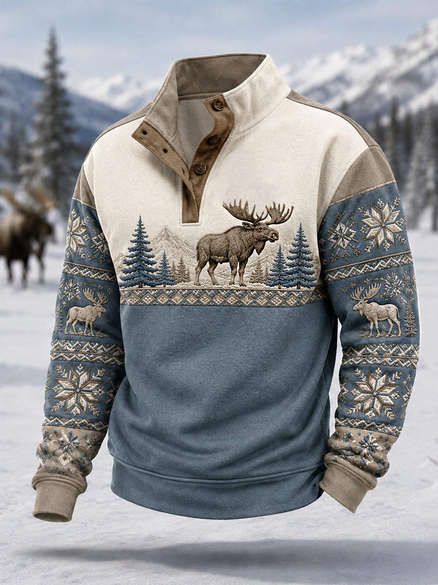 Herrpullover för vintern med älgmönster, vardaglig modell med knappar