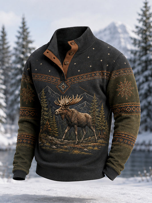 Herrpullover för vintern med älgmönster, vardaglig modell med knappar