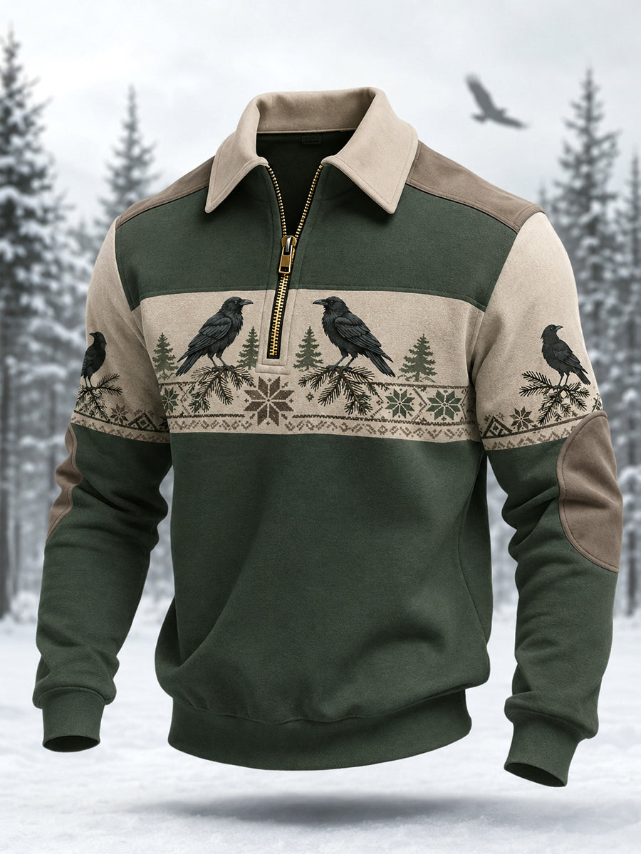 Herrpullover med ravtryck, stilren och med dragkedja