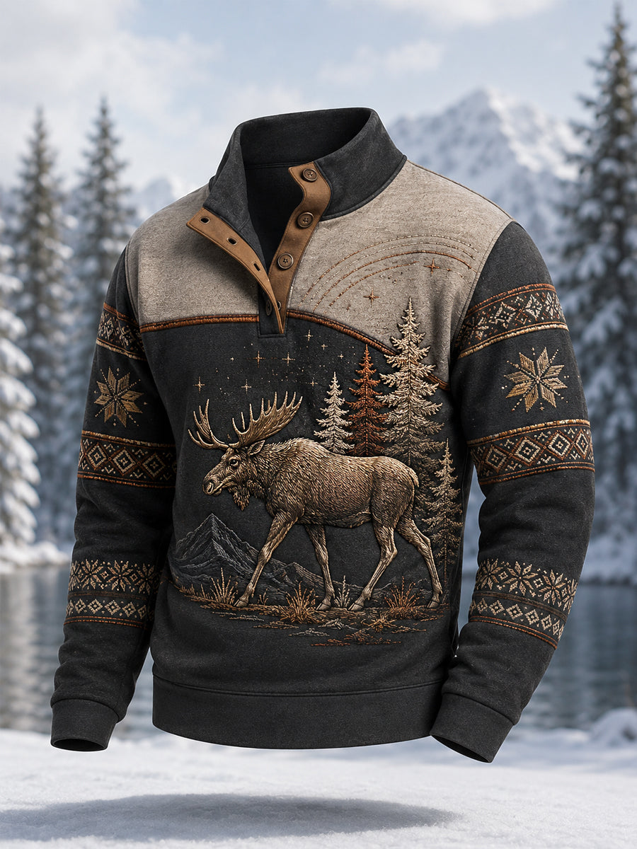 Herrpullover för vintern med älgmönster, vardaglig modell med knappar
