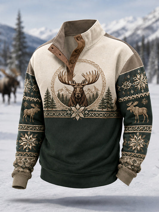 Herrpullover för vintern med älgmönster, vardaglig modell med knappar