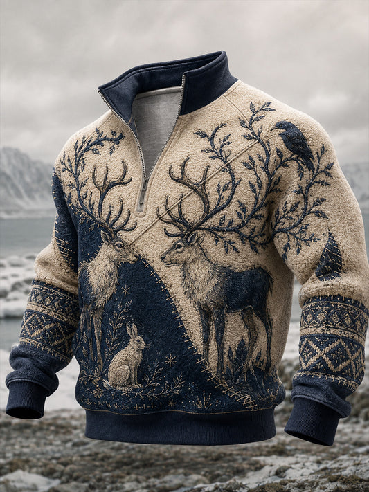 Retro nordisk konsttryck avslappnad bekväm sweatshirt med dragkedja